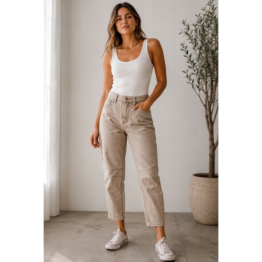 Sincerely Jules Jeans Womens 3/26 Beige Utility Tapered Crop 100% Cotton Seamed
